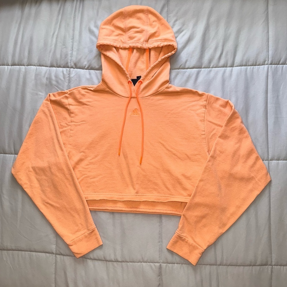 adidas Orange Cropped Hoodie with Raw Hem Size Medium